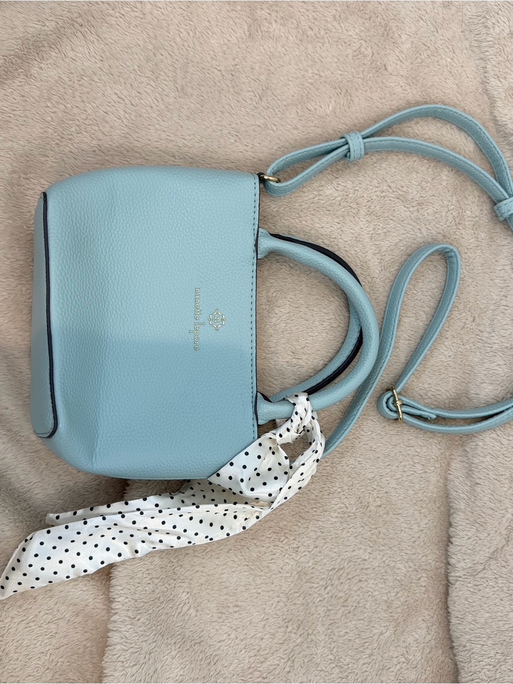 Nanette Lepore Light Green Pebbled Mini Crossbody with Polka Dot Scarf